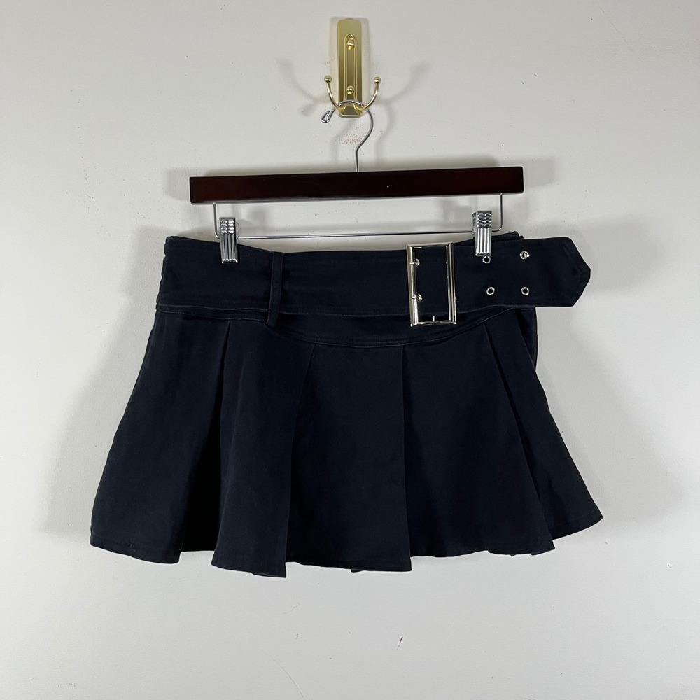 Pleated Lowrise Belted Black Mini Skirt Lined Grunge Y2K Indie Sleaze Goth Large